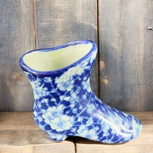 Vintage Victorian Era Inspired Ceramic Boot Shoe Planter Small Vase Floral Blue
